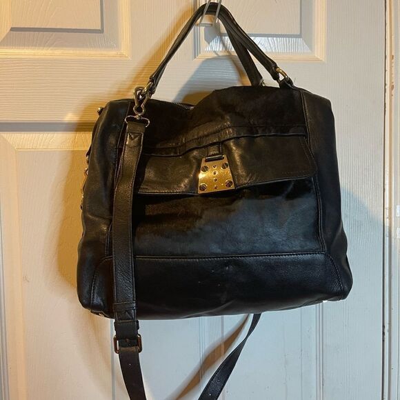 Vince Camuto black soft leather &calf hair Satchel/crossbody bag gold tone studs - Picture 3 of 16